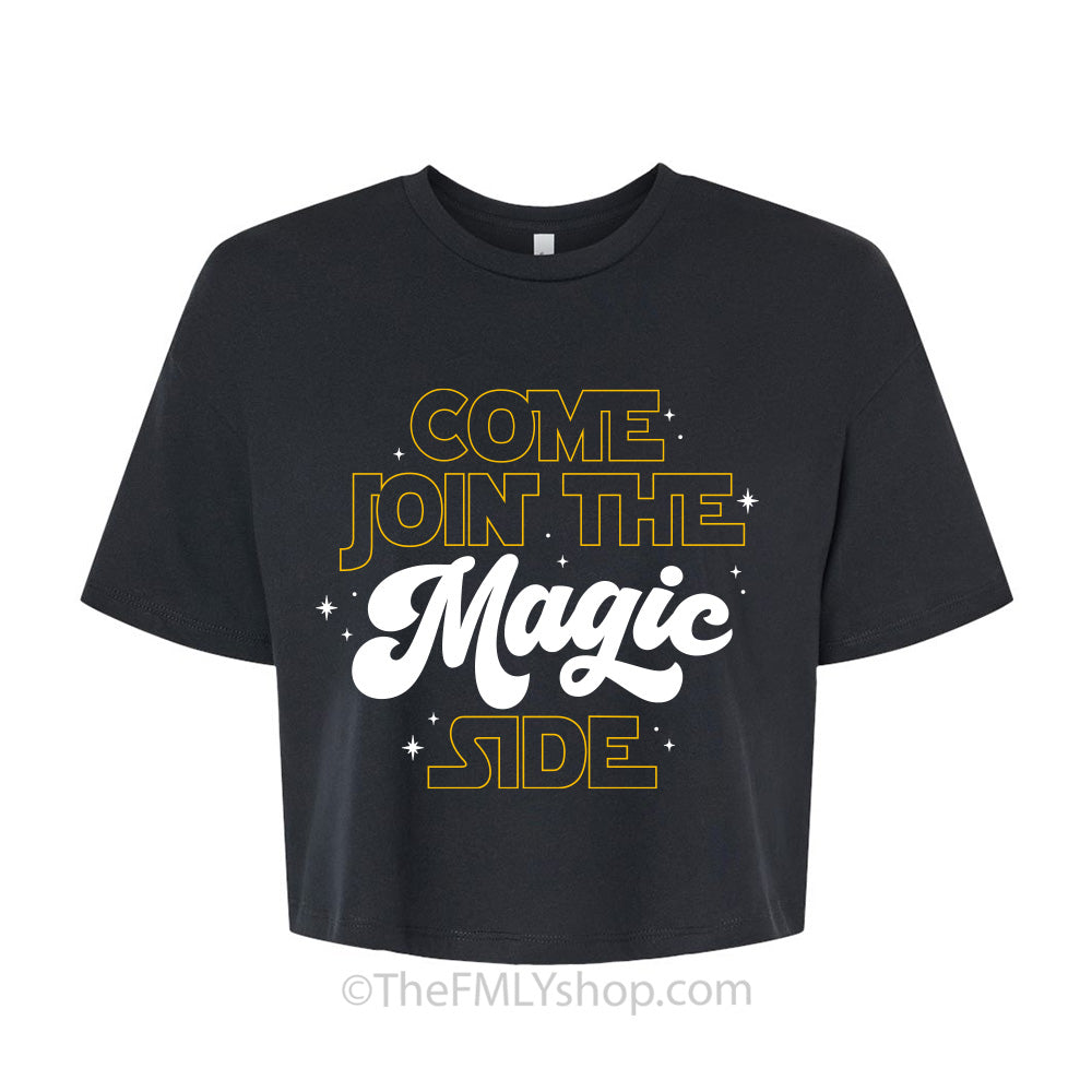 Black crop tee with "Come join the Magic Side" print