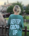 Girl, green t-shirt, never grow up, inscription, back view, casual, lifestyle