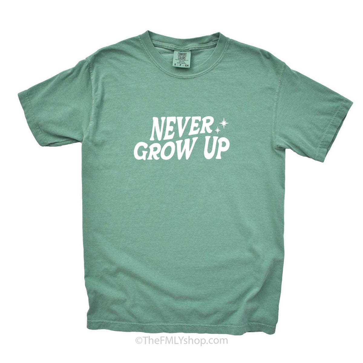 green t-shirt, never grow up, inscription, font view, casual, lifestyle