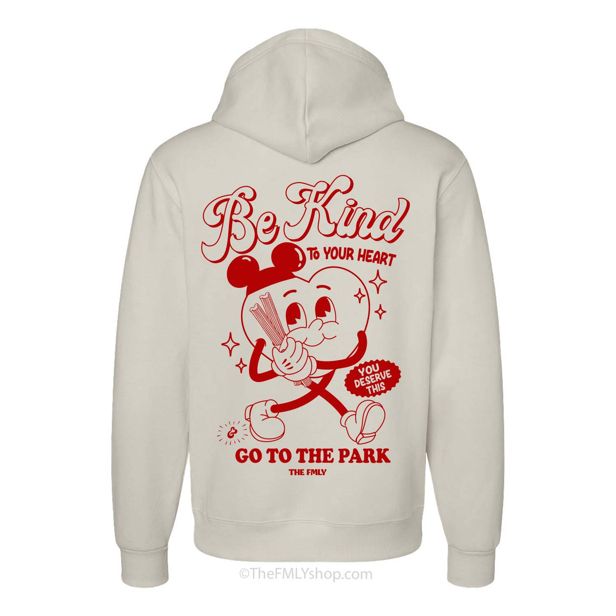 Cozy cream fleece Disney-inspired hoodie with "Be Kind To Your Heart" message